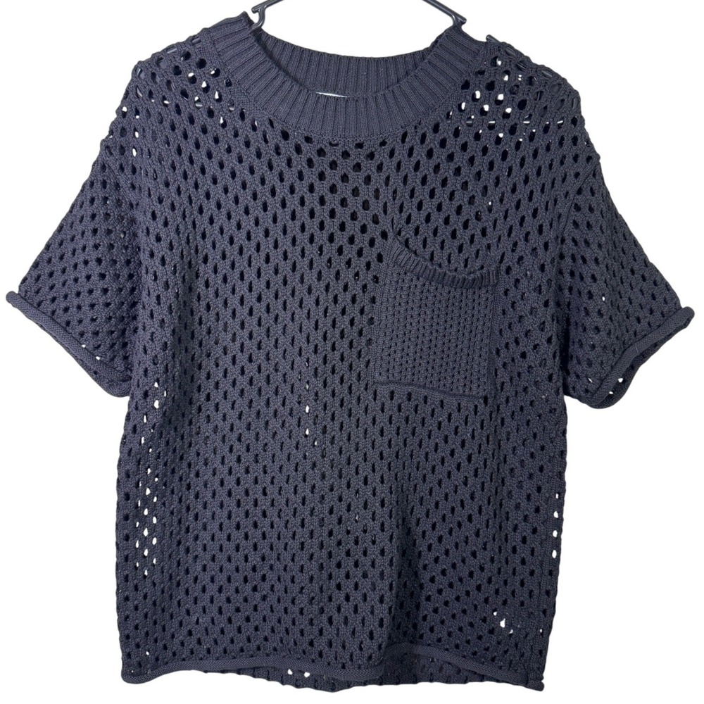Evereve Black Open Knit Mesh Top Cotton Boxy Short Sleeve Small Coastal Layering